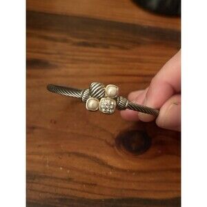 Vintage Stainless Steel Twisted Cable Bracelet Bangle Rhinestone Crystals 7.25”